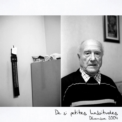 De si petites habitudes, photography by Sophie Gotti. Premier diptyque d'une s&eacute;rie sur laquelle je travaille actuellement. Ici mon grand-p&egrave;re et son fid&egrave;le &eacute;ph&eacute;m&eacute;ride mural en cuir qui date d'au moins 50 ans, sa petite manie &agrave; lui. Il le met &agrave; jour chaque matin. Jamais il ne manquerait un jour.. R&eacute;flex argentique Minolta X300. In People, Portrait