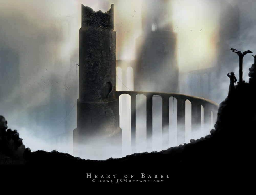 Heart of Babel, painting by Jean-s&eacute;bastien Monzani. The myth of Babel is really inspiring... I've tried to imagine what was inside it... Some other Babels, more towers, more words, more worlds...

I have clearly been inspired by the painting from Bruegel (even though it isn't the same image at all) and by fictions from Jorge Luis Borges. I also liked the paintings of Kaspar Friedrich.

(Digital painting)