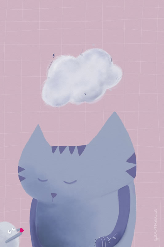 Le chat triste, painting by Germaine Caillou. Le chat en a gros sur la patate.... In Nature, Animal