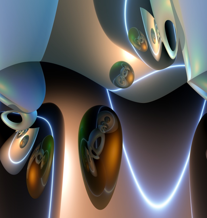 Coherent Cacophany, computer generated by Pat Goltz. This is a hubism, a technique promoted by Hubert Schafer of Germany. It involves the use of lights and reflective geometric solids.. Bryce, PC. hubism, digital design and computer generation