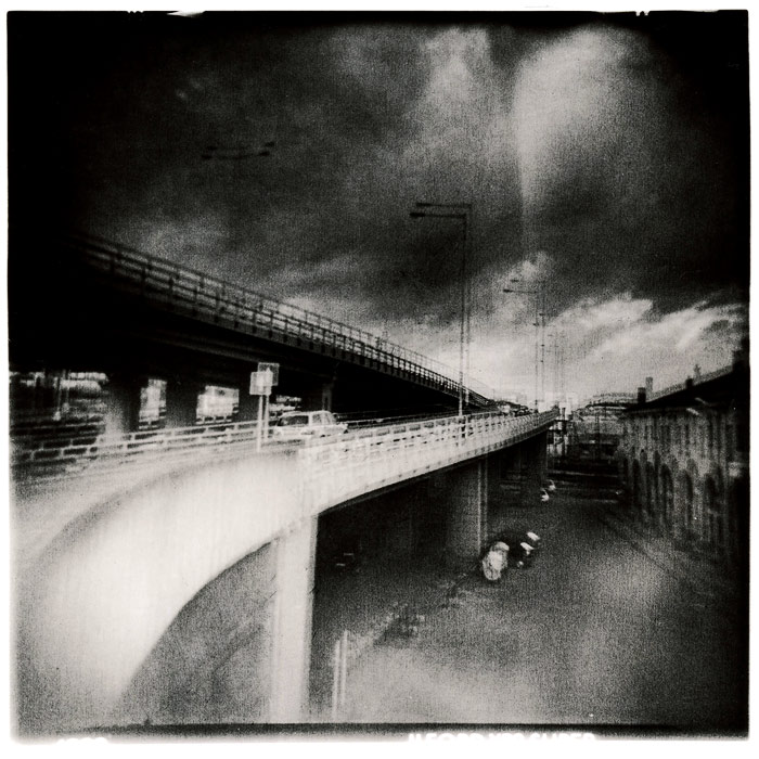 Untitled, photography by Sandro Boege. Holga. Lithprint on expired Orwo Paper using Moersch Lith Master Set. In Construction, Cityscape, skyline