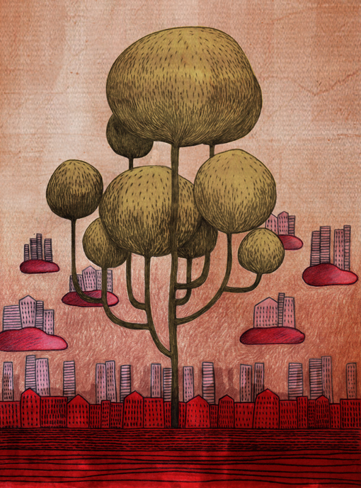 Urbanit&eacute;s &deg;13, drawing by .lafabe. Grafik. Coloured pencil on paper - 21 x 28 cm. In Nature, Scenery