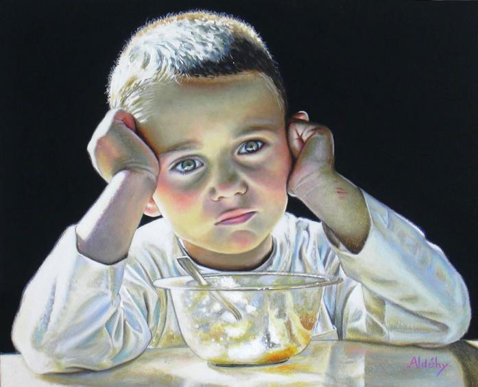 Lumi&eacute;re Sur Un Ange, painting by .. Ald&eacute;hy. Projet; 2004 

"Cath&eacute;drales de Lumi&egrave;res". 



Ald&eacute;hy revient, avec une oeuvre baign&eacute;e d'amour. 



	Il projette Adam, son fils, sous les feux de la rampe et il peint... En une seule vision apparaissent l'enfant, individu &agrave; part enti&egrave;re certes, mais aussi la m&egrave;re, ressemblance surprenante, et lui-m&ecirc;me, l'artiste, en une sorte d'autoportrait d&eacute;cal&eacute; dans le temps. 

	C'est en hommage &agrave; Claude Monet, dont il s'&eacute;merveille, qu'Ald&eacute;hy s'int&eacute;resse aux influences de la lumi&egrave;re sur la couleur. A l'image des " Cath&eacute;drales de Rouen ", il cr&eacute;e ses intimes " Cath&eacute;drales de lumi&egrave;res " et il nous livre g&eacute;n&eacute;reusement ses &eacute;motions.

	En effet, la lumi&egrave;re joue sur le grain de la peau, sur le satin de l'oreille... Elle caresse de ses rayons le v&ecirc;tement... Elle transfigure la r&eacute;alit&eacute;... Elle est le r&eacute;flecteur qui souligne l'&acirc;me. 

	Et nous nous surprenons &agrave; partager les interrogations de l'enfant brutalement jet&eacute; dans ce monde. Ange de la cr&eacute;ation ? M&eacute;t&eacute;orite du coeur ? Proph&egrave;te inspir&eacute; ? De quel pass&eacute; ? Vers quel avenir ? Quelle pens&eacute;e se cache derri&egrave;re ce regard rieur, cette fossette souriante, ce sourcil inquiet ? 

	Comme par magie, Ald&eacute;hy cerne le myst&egrave;re de l'&ecirc;tre qui &eacute;clate au grand jour sous sa palette subtile. Il nous l'offre &agrave; une lecture silencieuse et, en cela, il nous rapproche imperceptiblement de l'insaisissable v&eacute;rit&eacute;. 



Marie-Claude Busso. Peinture. Acrylic. In People, Infant, children