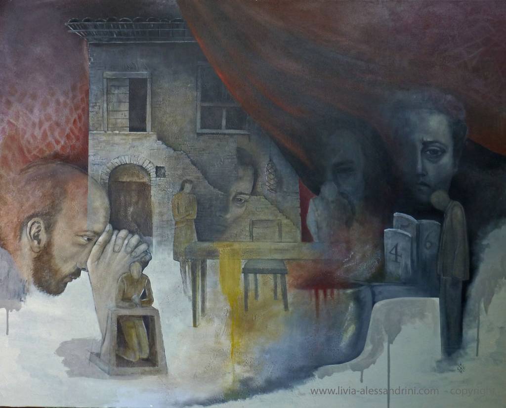4 5 6 " Pi&egrave;ce Th&eacute;&acirc;trale De Mattia Torre, Artwork by Livia Alessandrini. de gauche &agrave; droite : Carlo De Ruggieri, Cristina Pellegrino, Franco Ravera et Massimo De Lorenzo. toile cm 100x80. acryl
