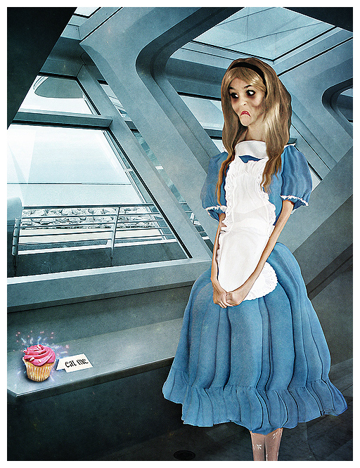 alice can't eat, processing by Ariadna Vicente. tired of reading "eat me" and "drink me" tags, eating biscuits and mushrooms that made her larger and larger... alice decided giving up on eating, for drinking was far more easy and she discovered she fitted everywhere! no more crying for not being able to go through a tiny door.

even though the cravings for cupcakes and anything sweet were unbearable, which led her to a state of sadness and misery she had never experienced before, it just didn't matter, she would do nothing to stop it. 'if i don't eat i will fit everywhere!', she kept repeating herself. 'no stupid tiny doors, no more destroying houses and being treated like a monster...'.

poor alice. she would end up fitting anywhere indeed. but did they have coffins in wonderland?



this is the first of a series i plan on doing about wonderland+eating disorders.. Photoshop CS3. Photomanipulation