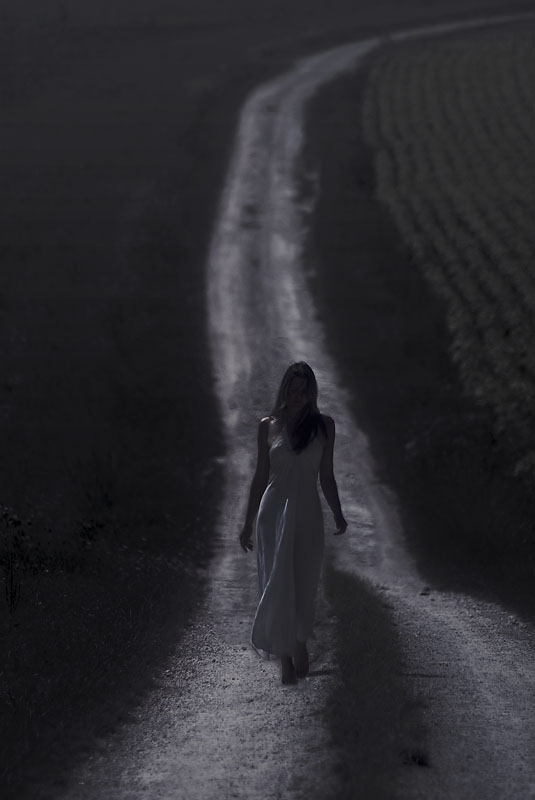 Au Clair De Lune, photography by Jonathan Charles. For a year or so I have imagined an image of taking a walk in the full moon along one of the brilliant white tracks that cross the countryside near Gourvillette between sunflower fields and vinyards. Yesterday Jenny helped to make that dream image into a photograph, heroically walking barefoot on the stony path.. Fuji S3 Pro