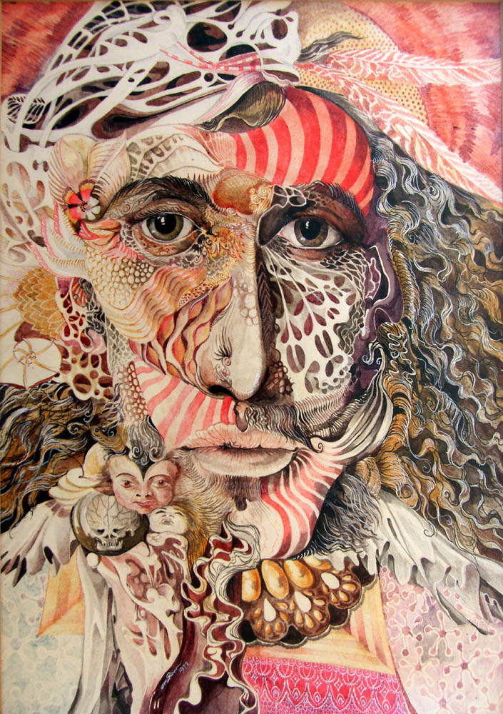 Shaman Portrait, drawing by Otto Rapp. early sketch that later developed into my signature painting "Selfportrait with the Critical Eye" http://www.telusplanet.net/public/ottorapp/page6.html. india ink, sepia, colored inks and washes, chinese white ink. drawing, wash