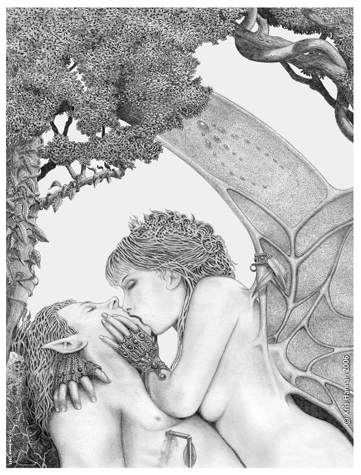 The Kiss, drawing by Xris Hannah. '
SUPPORTING MATERIALS
Work In Progress image for this work here:  http://www.theclocktower.se/xris2/wip_kiss.jpg
Audio Track (c) Xris Hannah http://www.theclocktower.se/x-studio/juno_enhanced.mp3 

2006 was a key-point in my art in many ways, but notably because I had decided to put my isographic pens (my own preferred medium for many years) away and try some drawing, which I had never actually tried.  Outline sketches, sure... lots of those over the years... but I'd never had the 'bottle' to attempt a complete, detailed pencil drawing.  This was my first attempt at 'drawing'.

'The Kiss' was a project I've had in mind for some years:  I've always had a fondness for fantasy and in faerie lore in particular, but had often wondered how an artist might get around the 'glued-on' look regarding wings (usually butterfly wings) portrayed on the 'traditional' fairy figure.

I looked seriously into the notion of how such a creature might actually be built as a 'working model', anatomically speaking.  So I spent some weeks first carrying out some studies on muscle groups, tension factors, weight distribution etc... then went on to look into how various types of wings are attached to mammals and insects.

The Kiss was the result of this exercise.  Did it work?  I hope it did.  This work has since been published in 'Vampire Universe' by Jonathan Mayberry, Citadel Press.



Cheers, and thanks for looking in.  All comments welcome.
Xris
'. HB 0.5 trimmed prop.pencil.  Kneadable eraser. Stock (rubbish) A4 Cartridge. Sectional.  Time approx 25 hours