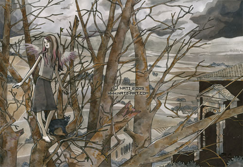 One day I slowly floated away, drawing by Natalia Pierandrei. Markers and watercolours. Original size &raquo; 33x48 cm
Title based on Eisley's song.. Markers and water soluble pencils, soft pastels.. In Nature, Scenery