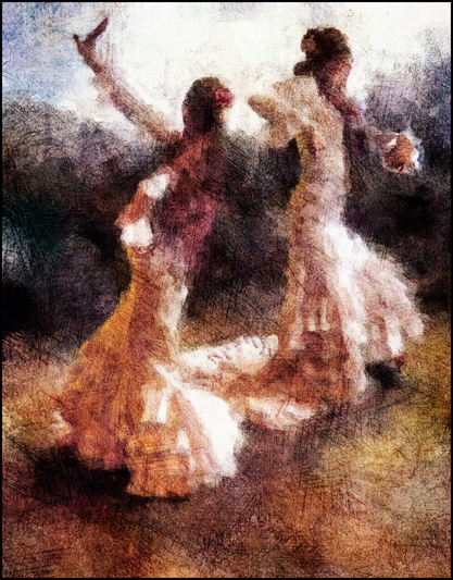 Back To Back, drawing by Morten Renberg. Flamenco dancer Lucia &Aacute;lvarez.. Olympus XZ1. Combo of two photos manipulated in Corel Painter + texture. In Event, Dance