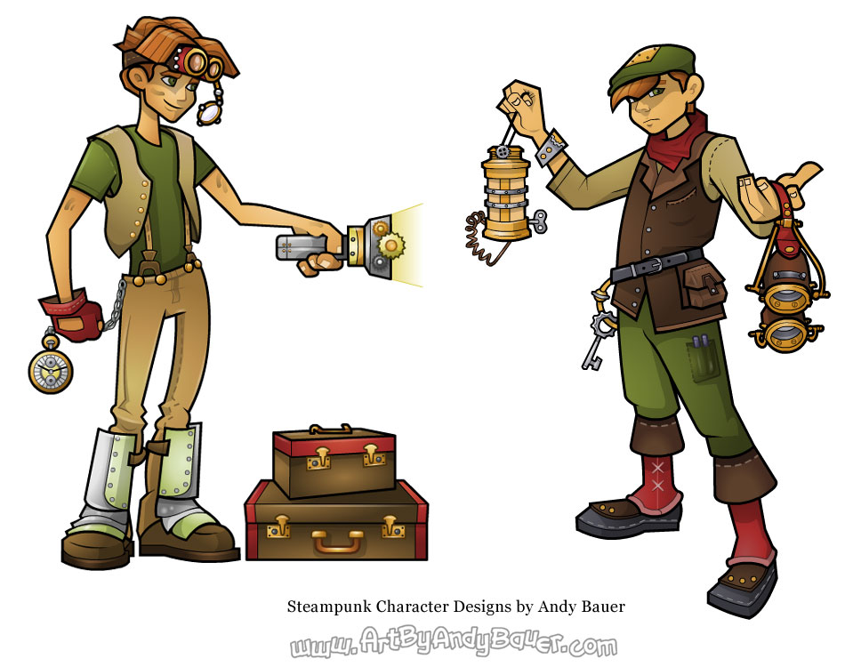 Steampunk Character Design, drawing by Andy Bauer. Illustrated by Andy Bauer in Flash CS3.. Flash CS3. Cartoon-Style Illustration in Vector Format. In People, Character