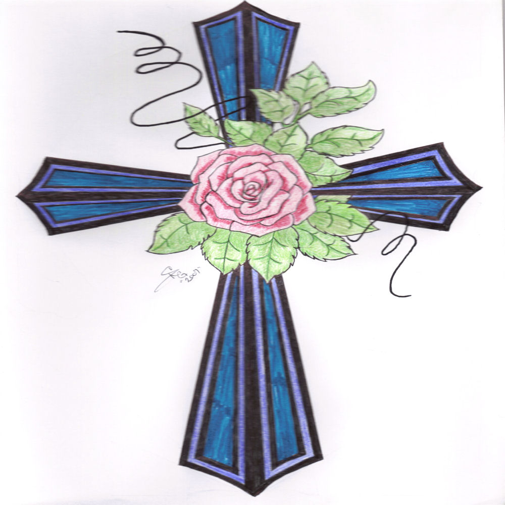 Cross with Rose, design by Stace Gilbert. Right now this is my favorite piece that I've done. It was done in pen and marker; and it seems everyone who has seen it just loves it. 

It started out as just a regular cross, I cropped the straight edges to angles -- where they met in the middle it looked kind of plain, so I added the rose.

This is image was resized so it would fit on here without having to make the viewer scroll too much. The original image file is much larger.. Ball point pen, marker, and colored pencils