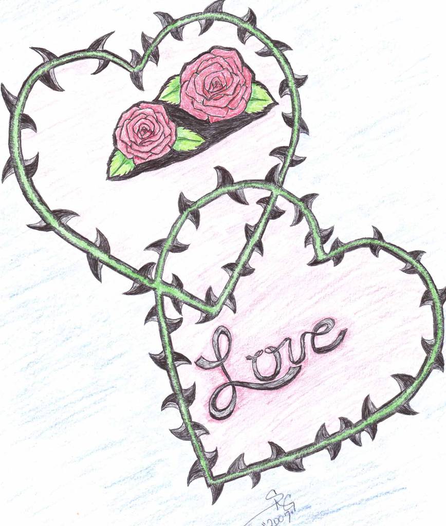 Thorned Hearts, design by Stace Gilbert. Done as a request, then the woman dumped her boyfriend. She wanted something simple and this is what she got. The roses in the top heart were put there to take up space.. pen and colored pencils