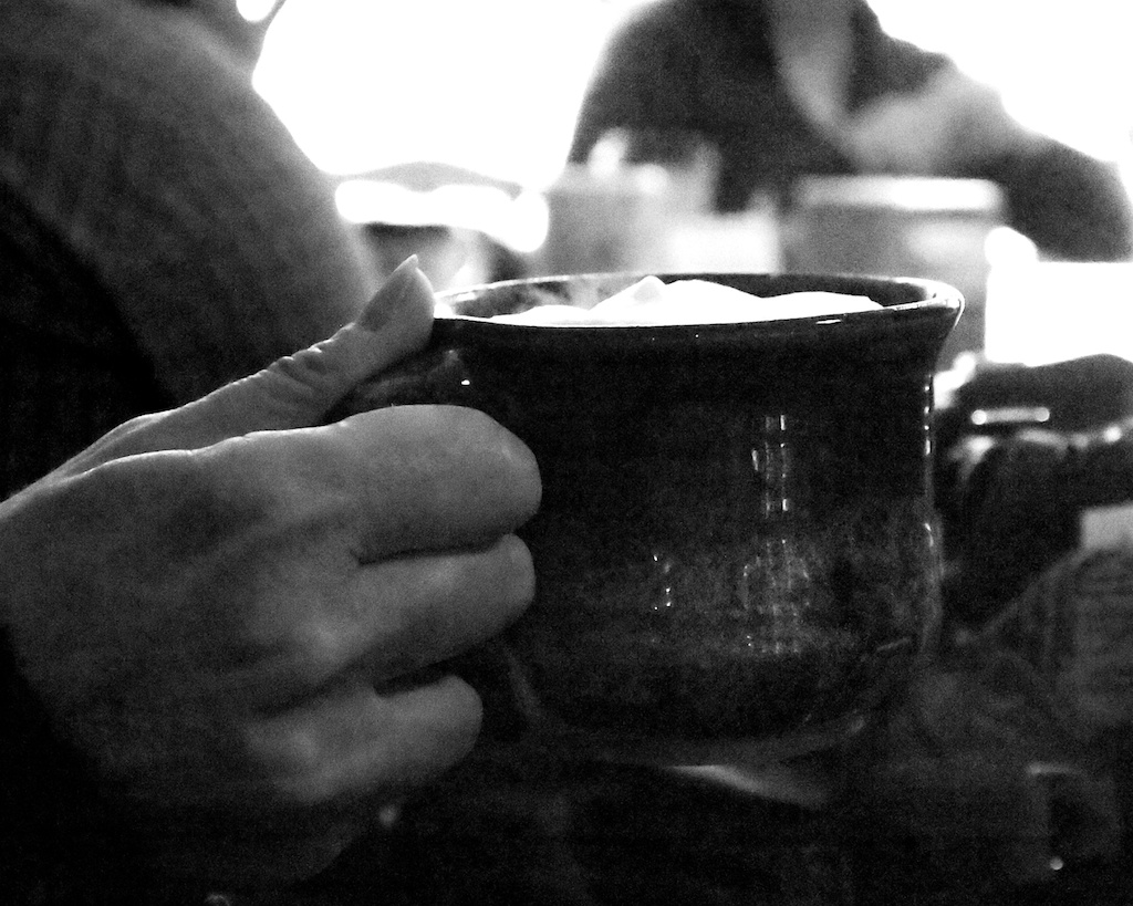 Audrey's Hand, Artwork by Eli Badger. Audrey is a denizen of the coffee shop I most visit.. Olympus ELP-1. Digital Photography with Black and White conversion