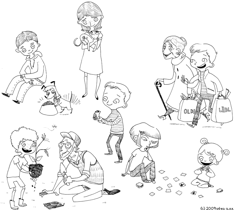 Kids Sketches, drawing by Veronika Mischitz. A couple of sketches for a job. I am really looking forward to colouring these :D. copic liners, paper. In People, Character