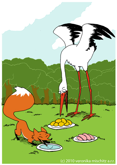 The Fox And The Stork - An Aesop'S Fable 01, drawing by Veronika Mischitz. A series of illustrations accompanying the famous fable by Aesop. I did this for a German publisher of schoolbooks.. inkpen, paper, digital coloring. In People, Character, Anthropomorphism