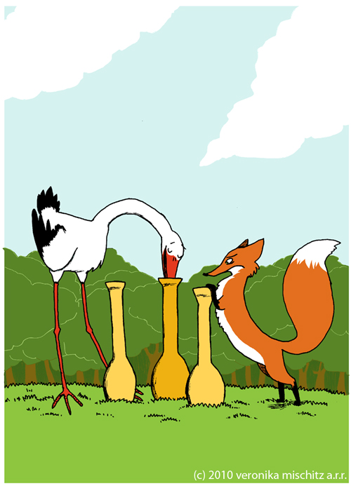 The Fox And The Stork - An Aesop'S Fable 03, drawing by Veronika Mischitz. A series of illustrations accompanying the famous fable by Aesop. I did this for a German publisher of schoolbooks.. inkpen, paper, digital coloring. In People, Character, Anthropomorphism