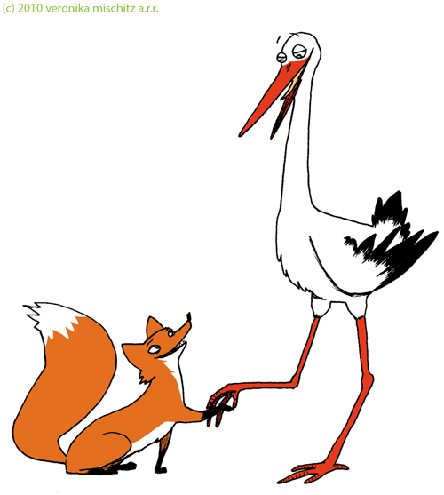The Fox And The Stork - An Aesop'S Fable 04, drawing by Veronika Mischitz. A series of illustrations accompanying the famous fable by Aesop. I did this for a German publisher of schoolbooks.. inkpen, paper, digital coloring. In People, Character, Anthropomorphism