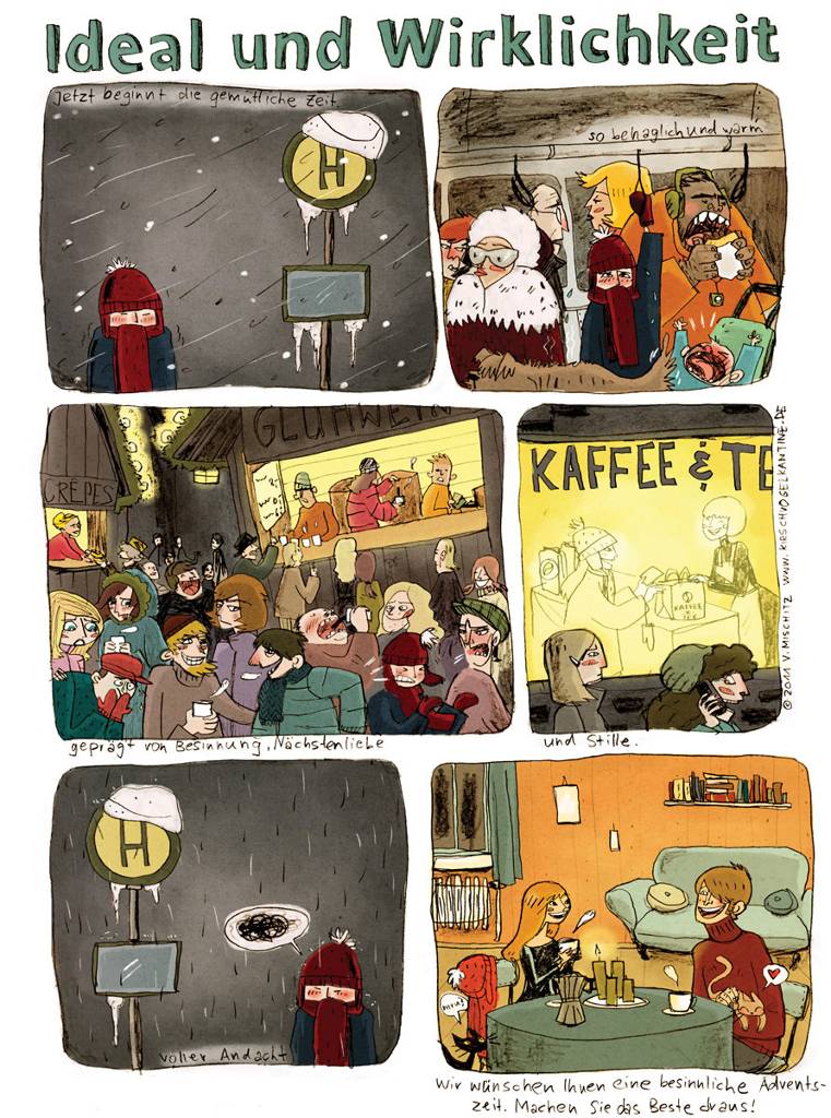Ideal Und Wirklichkeit, drawing by Veronika Mischitz. A comic done for CREMA Germany.. pencil, ps. misc.. In People, Everyday, City life