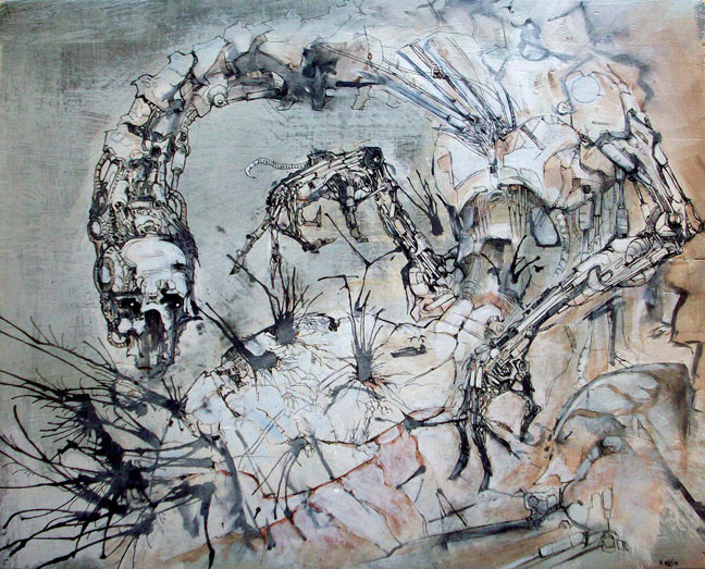 Manual Labor, painting by Matt Wells. robots... acrylic, ink. In People, Character