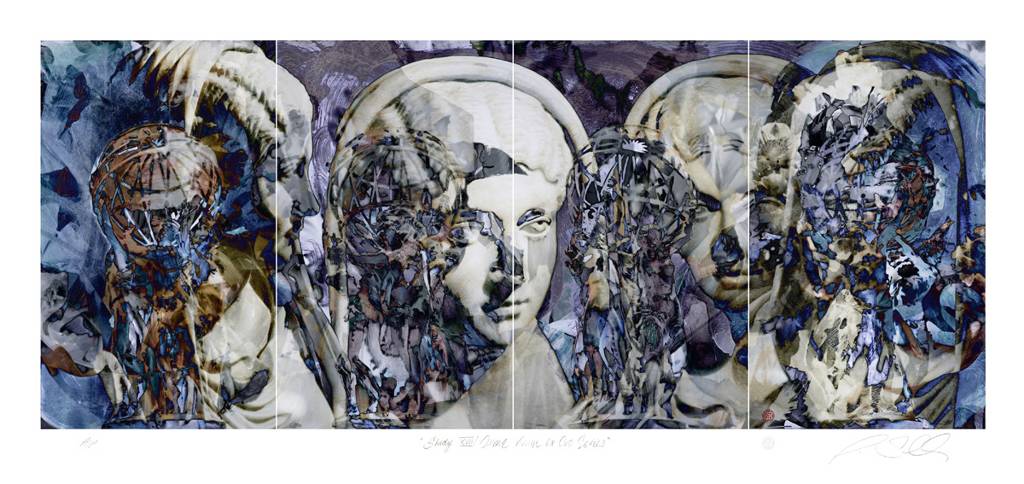 Study XVII / Omne Vivum ex Ovo Series, Artwork by Alexander Sutulov. Omne Vivum ex Ovo Series (locution referring to the idea that all life originates from a germ) is an iconographic research dealing with the role of medicine in human history. The general theme is in preparation for digital murals to be permanently exhibited at a medical center in Santiago, Chile. This has been an initiative to identify icons which perpetuate the world of medicine as a lifetime dedication to healthcare and the well being of human life. The main goal of this project is to provide works of art within the premises of a medical as an effort to improve the healthcare environment for patients, staff and visitors. Studies I through XIX represent the archetype of motherhood and the relationship of women to our notion of procreation. The general composition has been divided into four sections; each one creating vertices represented by The Four Continents Upholding the Celestial Sphere by Jean-Baptiste Carpeaux (1827-1875). These female figures are a metaphor to the four parts of the world and human race. There circumstance of holding the weight of the world resembles the idea of struggle for life and the vital responsibility to follow through, reason why they appear to be chained to there destiny. The backgrounds are stoic portraits of Roman Patricians who represent the idea of civilization as a final consequence of human procreation. Our view of justice and govern ability emanates from a serene woman who understands the administration of a household as much as the rule of an empire. The artwork of this series were all made from 4 drawings on Lexan film using litho crayon, rubbing ink, liquid Tusche, graphite and powder charcoal. The coloring took place digitally.. G5. digital painting