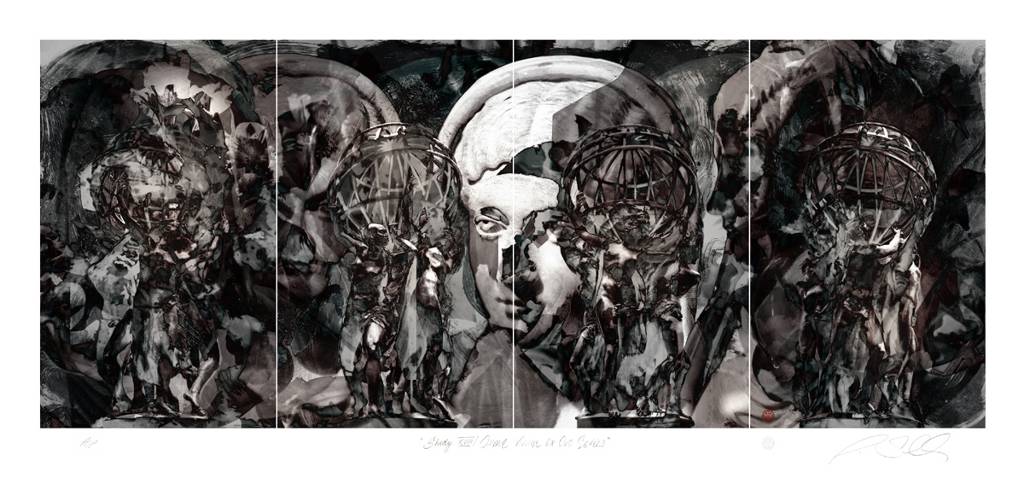 Study XVIII / Omne Vivum ex Ovo Series, Artwork by Alexander Sutulov. Omne Vivum ex Ovo Series (locution referring to the idea that all life originates from a germ) is an iconographic research dealing with the role of medicine in human history. The general theme is in preparation for digital murals to be permanently exhibited at a medical center in Santiago, Chile. This has been an initiative to identify icons which perpetuate the world of medicine as a lifetime dedication to healthcare and the well being of human life. The main goal of this project is to provide works of art within the premises of a medical as an effort to improve the healthcare environment for patients, staff and visitors. Studies I through XIX represent the archetype of motherhood and the relationship of women to our notion of procreation. The general composition has been divided into four sections; each one creating vertices represented by The Four Continents Upholding the Celestial Sphere by Jean-Baptiste Carpeaux (1827-1875). These female figures are a metaphor to the four parts of the world and human race. There circumstance of holding the weight of the world resembles the idea of struggle for life and the vital responsibility to follow through, reason why they appear to be chained to there destiny. The backgrounds are stoic portraits of Roman Patricians who represent the idea of civilization as a final consequence of human procreation. Our view of justice and govern ability emanates from a serene woman who understands the administration of a household as much as the rule of an empire. The artwork of this series were all made from 4 drawings on Lexan film using litho crayon, rubbing ink, liquid Tusche, graphite and powder charcoal. The coloring took place digitally.. G5. digital painting