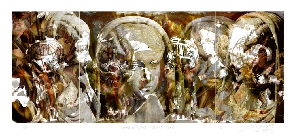 Study XIX / Omne Vivum ex Ovo Series, Artwork by Alexander Sutulov. Omne Vivum ex Ovo Series (locution referring to the idea that all life originates from a germ) is an iconographic research dealing with the role of medicine in human history. The general theme is in preparation for digital murals to be permanently exhibited at a medical center in Santiago, Chile. This has been an initiative to identify icons which perpetuate the world of medicine as a lifetime dedication to healthcare and the well being of human life. The main goal of this project is to provide works of art within the premises of a medical as an effort to improve the healthcare environment for patients, staff and visitors. Studies I through XIX represent the archetype of motherhood and the relationship of women to our notion of procreation. The general composition has been divided into four sections; each one creating vertices represented by The Four Continents Upholding the Celestial Sphere by Jean-Baptiste Carpeaux (1827-1875). These female figures are a metaphor to the four parts of the world and human race. There circumstance of holding the weight of the world resembles the idea of struggle for life and the vital responsibility to follow through, reason why they appear to be chained to there destiny. The backgrounds are stoic portraits of Roman Patricians who represent the idea of civilization as a final consequence of human procreation. Our view of justice and govern ability emanates from a serene woman who understands the administration of a household as much as the rule of an empire. The artwork of this series were all made from 4 drawings on Lexan film using litho crayon, rubbing ink, liquid Tusche, graphite and powder charcoal. The coloring took place digitally.. G5. digital painting