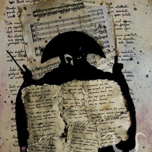 Requiem, painting by Namtaru Irene D.m.. "Confutatis maledictis
Flammis acribus addictis,
Voca me cum benedictis."

This came to me in a dream, as an obsession I didn&acute;t feel satisfied until I finished this piece just today (fixing the old pergamine paper with a needle). A tribute to Mozart with a big inspiration from the adaptation of Milos Forman to the screen with "Amadeus", which really gave me the concept of Mozart playing at his own funeral.

Oil on canvas, written lyrics with brush on canvas and with pen on old paper, previously burnt and with splattered candle "blood" all over.


<a href="http://www.namtarucreations.com/">namtarucreations.com</a>


<b>All images displayed in both accounts are exclusive property of Irene D.M. aka Namtaru&copy;</b>. oils, textures, pergamine papir, candles, pen, acrylics. oil painting. In People, Portrait