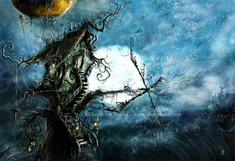 House Field, painting by Sandrine Replat. Illustration for a personal project : La Cit&eacute; des R&ecirc;ves. pencil, acrylic painting and Photoshop. Traditionnal and digital media. In Construction, Edifice, House