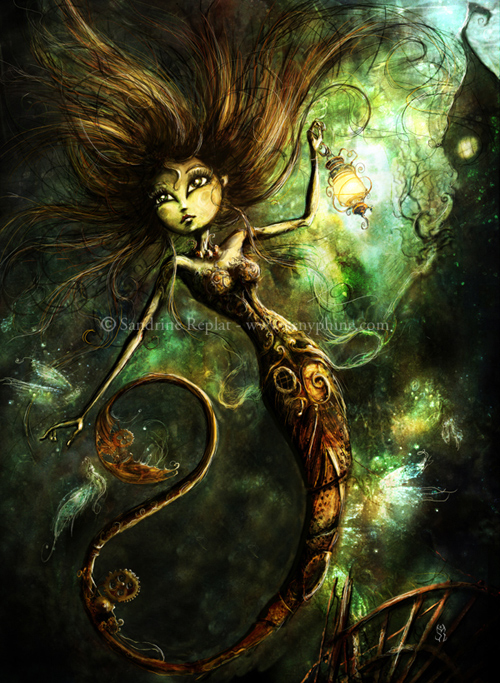 Mermaid With Fireflies, Artwork by Sandrine Replat. Here is an illustration made for a new project called " Mysterious fireflies" written by Cl&eacute;mentine Ferry.. pencil, watercolour painting, Photoshop & wacom cintiq. traditionnal & digital