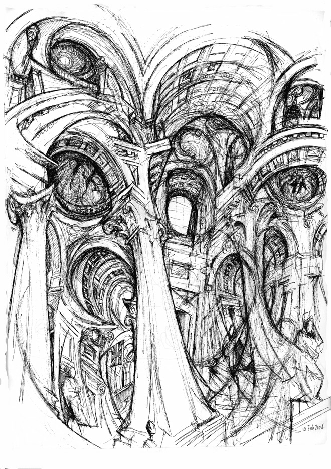 St Paul's Interior 10 Feb 2004, drawing by Van Howell. Rapidograph pen. By hand