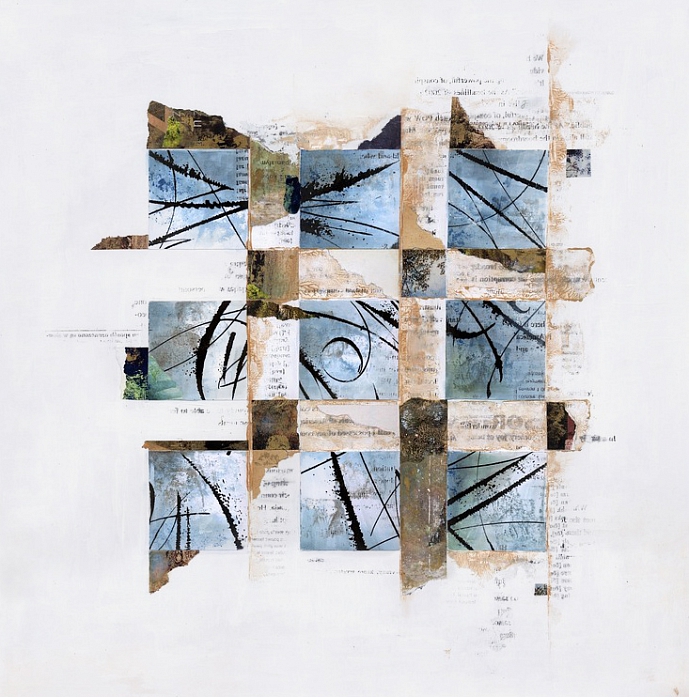 35 x 35 cm. Oils, paper scraps, golden oil pen, ink.. Mixed media (oils + collage + ink calligraphy). In Transportation, Water, boat. Episodes of Navigation, painting by Jakub Niedziela. Image #159871