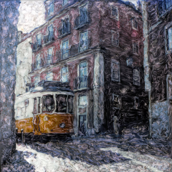 Yellow Spot, photography by Jose Goncalves. A project, now interrupted (maybe forever) since SX-70 are no longer available, Whit the trams in my hometown Lisboa.
Technic used :
After the film cames out, i waited until the first lines of the photo start to appear. Then with a tool with two size smooth steel balls at the ends, in a hard surface, i apply some soft pressure to smudge the contours of the object, usually with the bigger steel ball, made the white lines with the smaller ball, and continue to work,again with the bigger ball again and soft pressure to distort the rest, until i get the result want.
 I spend some time around this kind of work, like 10 minutes, more than that,it just depends. Most of the time, since the emulsion was soft and you are able to work in him,I kept dragging this part there and the other there, doing very small adjustments, there is no undo. There are no edition with Photoshop, apart the scanning and adjusting colour and contrast, this was made to the film after ejection from the Polaroid SX-70 camera.. SX-70. SX-70 Manipulation. In People, Everyday, City life