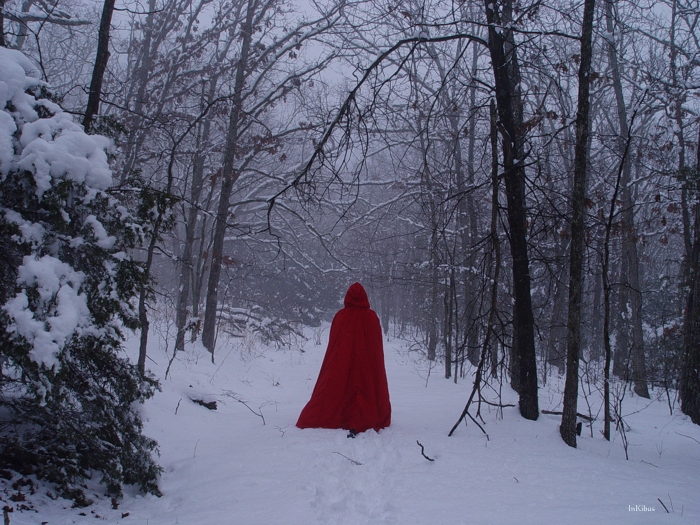 Red hood, Artwork by Alana 'inki' Schmitt. White snow, black trees, a little fog, and a red hood wandering through it all.. sony-dcs717