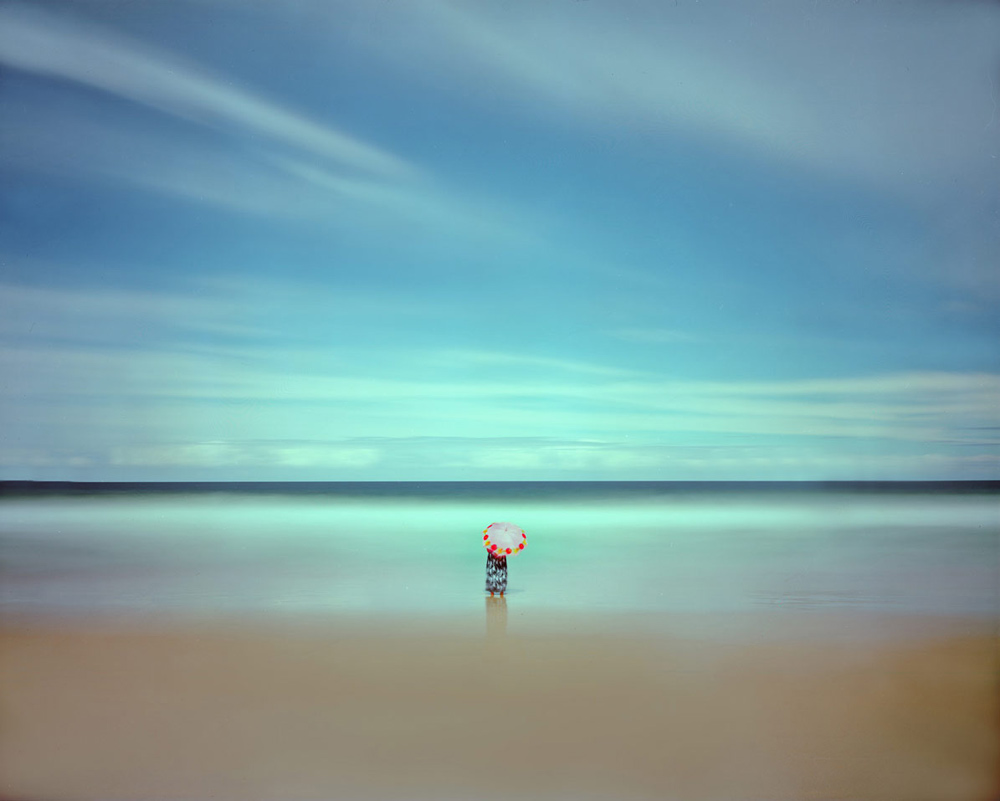 (Red) Unbrella Lady, photography by Mike Stacey. Toyo 8x10, Portra. In Nature, Element, Water