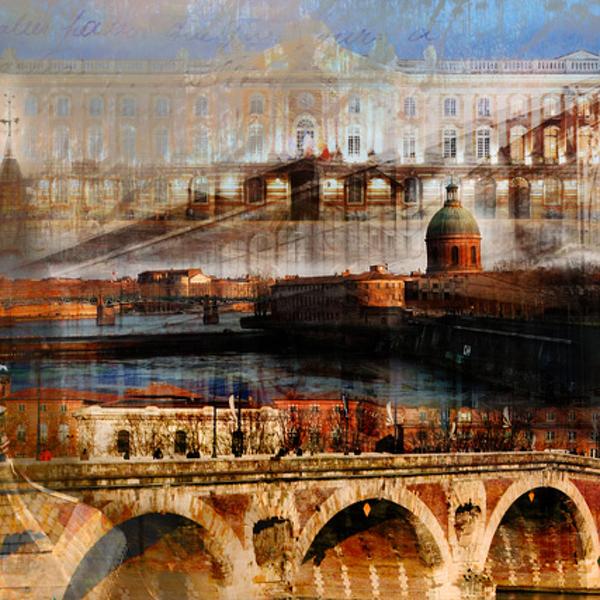 Toulouse Garonne (120x60 cm), Artwork by Magel Design - Magel'art. Ma ville Rose !
Le Pont Neuf, La Fa&ccedil;ade du Capitole, La Grave, L'ancien March&eacute; Victor Hugo, le Pont Saint Pierre, Quai Daurade et mon &eacute;cole des Beaux Arts, le Bazacle, la coupole de l'&eacute;glise St Pierre des Cuisine ou des Chartreux dans le quartier de la rue Valade, La Dalbade quartier des Couteliers, La Garonnette, L'H&ocirc;tel D'Assezat, le Clocher St Sernin et sa Girouette, Le Clocher des Jacobin, celui de l'&eacute;glise St Nicolas vers St Cyprien, Tour de l'H&ocirc;tel particulier de Caulet devenu H&ocirc;tel de Resseguier (XVII&deg;), rue du Lieutenant Colonel Pelissier, quartier de la Rue de la Pomme, de la place Occitane, derri&egrave;re la Place Wilson... On peut admirer de l'ext&eacute;rieur de l'h&ocirc;tel Resseguier sa fa&ccedil;ade aux fen&ecirc;tres encadr&eacute;es de pierre et de brique, sa cour et ses 2 tours rectangulaires. Tout l'int&eacute;rieur est occup&eacute; par le grand magasin des Nouvelles Galeries; cependant, il reste quelques plafonds d'origine. 
Grimpez jusqu'au dernier &eacute;tage, transform&eacute; en caf&eacute;, pour avoir une belle vue sur la ville de Toulouse. 
J'aime ma ville d'origine !. Mon outil de travail : ordinateur et tablette graphique, et des bouts de photos retravaill&eacute;s.. Fondu enchain&eacute;, peinture num&eacute;rique