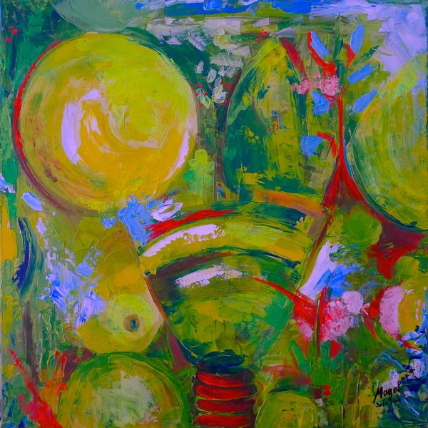 Nature &agrave; foison, Artwork by Magel Design - Magel'art. Ch&acirc;ssis bois 60x60 cm, acrylique sur toile canvas. Acrylique (Jaune, cyan, magenta, blanc...). Brosses, couteaux