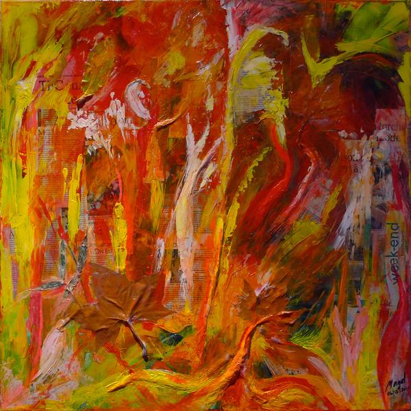 Automne Flamboyeuse, Artwork by Magel Design - Magel'art. Ch&acirc;ssis bois de 80x80 cm
Le terme "flamboyeuse" &agrave; des sonorit&eacute;s plus joyeuses que le terme "flamboyante" !. Acrylique (Jaune, cyan, magenta, blanc...) M&eacute;dium Heavy Gel, Newspaper(La d&eacute;p&ecirc;che du Midi) et des feuilles mortes.... Brosses, couteaux