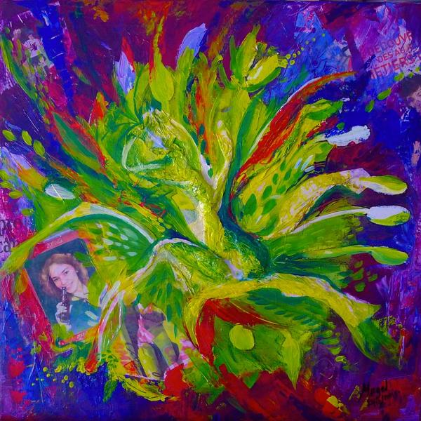 La Sarahdance, Artwork by Magel Design - Magel'art. Le portrait all&eacute;gorique d'une jeune fille tr&egrave;s sympa et rigolote en 60x60 cm en relief. Et si je m'&eacute;tais inspir&eacute;e d'une fleur de Lotus... Symbole universel de l&rsquo;&eacute;panouissement spirituel.. Acrylique (Jaune, cyan, magenta, blanc...) M&eacute;dium Heavy Gel, Newspaper (La d&eacute;p&ecirc;che du Midi) et montage impression papier