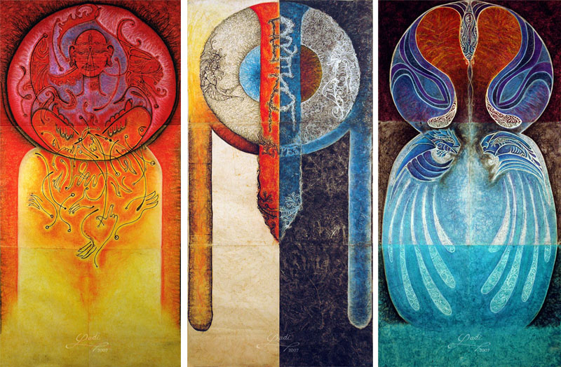 Dreamscapes - the series, drawing by Ladi. My three dreamscapes pieces together, as they should be displayed .. dry pastels and acrylic paint on hand-made Indian paper