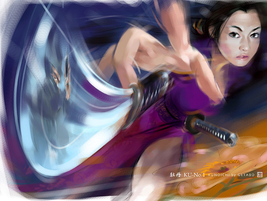 Botan, drawing by Hagiwara Getabo. Her name is Botan(peony) 
kunoichi which throws a dagger to evade the throwing knife(kunai) of the enemy who is going to be thrown short sword just now.. Mac osX. Wacom tablet and a pen