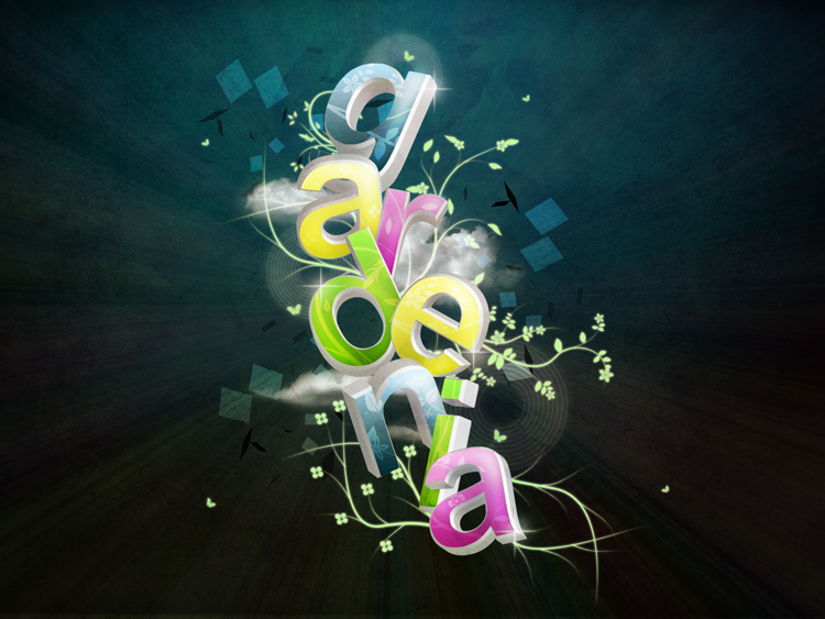 Gardenia, design by Carla Ceia. my first experiment with 3D typography mixed with illustration.. Adobe Illustrator CS3, Adobe Photoshop CS3. Illustration