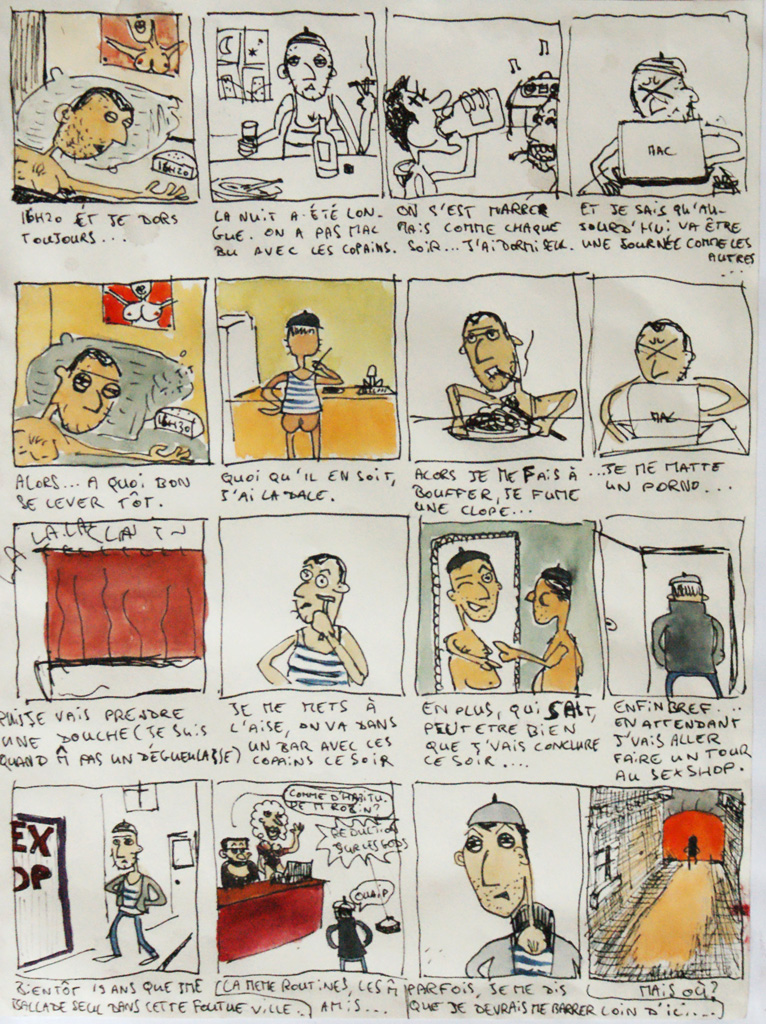 Un r&eacute;veil difficile 01, drawing by Arthur Coulon. Une autre BD faite en travail personnel (01). Dessin sur papier CANSON - Format RAISIN 50x70. Encre de chine et aquarelle. In People, Character