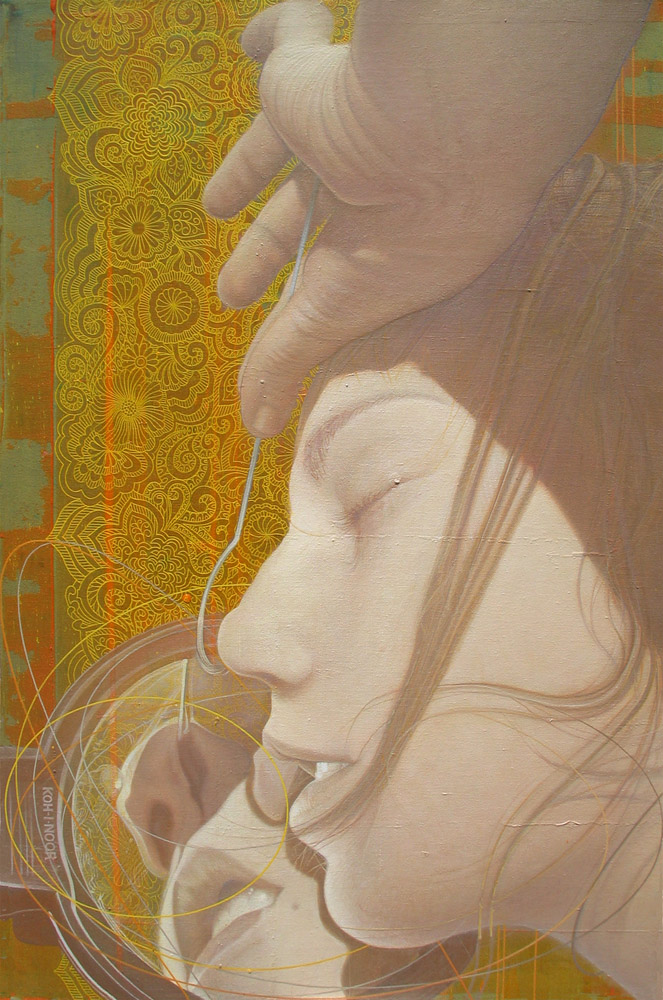 Le miroir aux alouettes, painting by Virginie Bomans. 2009 - acrylique sur toile - 65/98cm. In People, Portrait