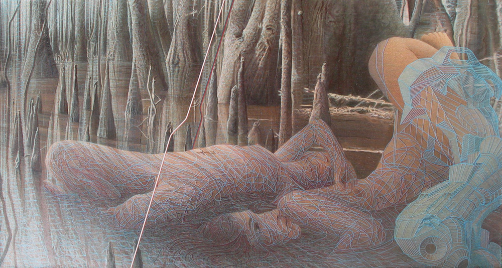 Marecages en pleurs, painting by Virginie Bomans. AKA "&Agrave; l'ombre des mar&eacute;cages en pleurs"

2009 - 175/90 cm - acrylique sur toile