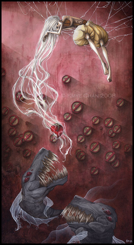 Lovebait, painting by Kmye Chan. R&eacute;alis&eacute; pour l'exposition "Borderlove" &agrave; la galerie Dorothy Circus &agrave; Rome.

Made for the "Borderlove" group show at Dorothy Circus Gallery in Rome.. Feutres, aquarelles, acryliques // Markers, watercolours, acrylics