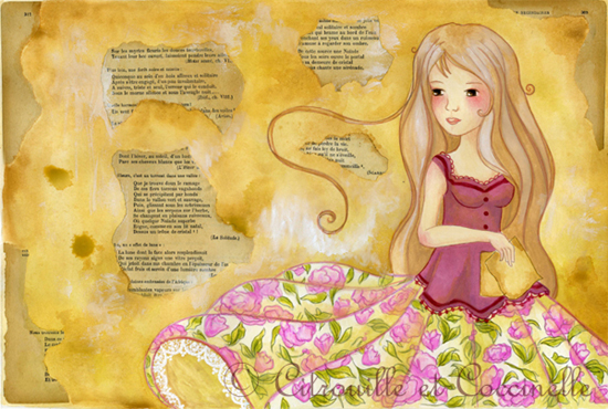 Po&egrave;mes, painting by Laure Marchand. envie d'utiliser les pages jaunies d'un vieux livre. gouache, crayon de couleur, pages d&eacute;chir&eacute;es d'un vieux livre. technique traditionnelle, peinture et collage. In People, Character