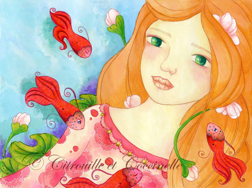 Ophelia, Artwork by Laure Marchand. gouache et crayon de couleur. gouache opaque et dilu&eacute;e &agrave; l'eau pour effet aquarell&eacute;, r&eacute;hauts au crayon de couleur