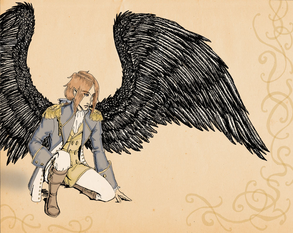 Aerie, painting by Molly Brewer. Working title: "I'm a Compulsive Weirdo".

Yes, I did all that inking by hand. Yes, the left wing took me 4-5 hours. Quite frankly, I just wanted an excuse to draw Farael's pretty black wings. If the rest of him came out looking okay, it's totally a coincidence.
. Pen and ink, Photoshop CS4. In People, Character
