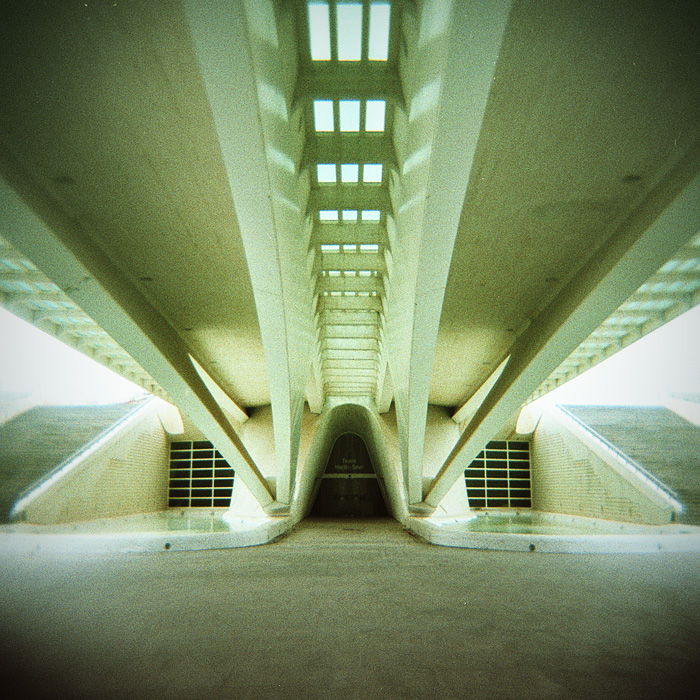 Valencia, Palau de les Arts Reina Sofia, Teatre Martin I Soler
I'm certainly not the first to photograph this entrance from this perspective (it is just the most obvious way to do that), but anyway, I like it as my first experiment with a cross-processed slide film. Holga 120N. Fuji Provia, C-41 cross processing. In Construction, Edifice, Building. La Entrada del Teatro, photography by Ralph Graef. Image #408374